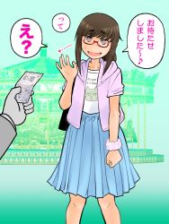 Rule 34 | 1girl, afunai, aliasing, arrow (symbol), bag, banknote, blue skirt, bracelet, brown eyes, brown hair, cardigan, carousel, glasses, green background, handbag, hood, hoodie, jacket, jewelry, line of sight, male hand, money, no pupils, outdoors, pink jacket, pleated skirt, ponytail, scrunchie, semi-rimless eyewear, shirt, skirt, standing, sweatdrop, translated, under-rim eyewear, white shirt, wrist scrunchie