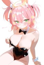 Rule 34 | 1girl, animal ear fluff, animal ears, arm support, black bow, black leotard, blush, bow, breasts, cleavage, commentary, corrupted twitter file, detached collar, double-parted bangs, dreamy etude, emirisu, english commentary, green eyes, grin, hair between eyes, hair ornament, halo, highleg, highleg leotard, highres, large breasts, leotard, long hair, looking at viewer, pink hair, playboy bunny, rabbit ears, rabbit girl, rabbit tail, simple background, sitting, smile, solo, star (symbol), star hair ornament, strapless, strapless leotard, tail, twitter username, two side up, virtual youtuber, vivaria virtual, white background, white wrist cuffs, wrist cuffs, yellow halo