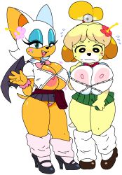 2girls animal_crossing bat_(animal) bat_girl blue_eyes blush dog dog_tail dream-cassette furry furry_female high_heels highres isabelle_(animal_crossing) looking_at_viewer miniskirt multiple_girls narrowed_eyes nintendo nipples open_mouth panties pink_panties pubic_hair rouge_the_bat school_uniform sega skirt smile socks sonic_(series) standing tail tight_clothes undersized_clothes underwear wardrobe_malfunction
