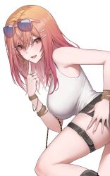 1girl absurdres bare_shoulders belt black_belt black_skirt blush bracelet breasts earrings fingernails gradient_hair hair_between_eyes hair_ornament hairclip highres hololive hololive_dev_is ichijou_ririka jewelry large_breasts long_hair multicolored_hair multiple_rings nail_polish open_mouth orange_eyes orange_hair pink-framed_eyewear pink_hair pink_nails ring shirt simple_background skirt smile solo steelball_(jwk76806995) sunglasses thigh_belt thigh_strap thighs virtual_youtuber white_background white_shirt