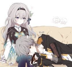 1boy 1girl aqua_dress aqua_thighhighs black_gloves black_hairband black_jacket blue_pupils blush caelus_(honkai:_star_rail) cellphone collared_dress couch cropped_jacket detached_sleeves dress fingerless_gloves firefly_(honkai:_star_rail) frilled_sleeves frills gloves gradient_eyes gradient_hair grey_hair hair_between_eyes hair_intakes hair_ornament hair_ribbon hairband heart highres holding holding_phone honkai:_star_rail honkai_(series) hsr_shiro jacket lap_pillow long_hair long_sleeves multicolored_eyes multicolored_hair neckerchief on_couch open_clothes open_jacket orange_neckerchief phone ribbon ribbon-trimmed_dress ribbon_trim shirt short_hair smartphone smile thighhighs trailblazer_(honkai:_star_rail) two-tone_eyes white_shirt white_sleeves