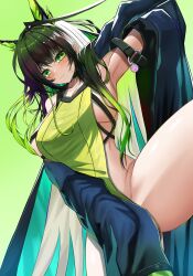 Rule 34 | 1girl, absurdres, ahoge, animal ears, arknights, arm up, bare shoulders, black hair, black jacket, blush, breasts, cat ears, closed mouth, dress, extra ears, fake animal ears, green dress, green eyes, green hair, highres, huge ahoge, jacket, long hair, long sleeves, looking at viewer, mon3tr (arknights), multicolored hair, no panties, open clothes, open jacket, sideboob, sleeves past wrists, solo, vailtred