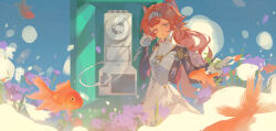 1girl blue_background checkered_hairband collared_dress corded_phone dress fish flying_fish gloves goldfish green_eyes hairband hands_up high_collar highres holding holding_phone kubing_aaa long_hair orange_hair phone reverse:1999 solo sonetto_(reverse:1999) two_side_up upper_body white_dress white_gloves