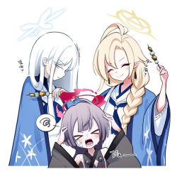 &gt;_&lt; 3girls ahoge ayame_(blue_archive) bandages black_kimono blonde_hair blue_archive blue_neckerchief blush closed_mouth commentary_request dango earrings food gauze gauze_on_cheek grey_eyes grey_hair hair_between_eyes hakama halo hands_on_own_head holding holding_food japanese_clothes jewelry kimono long_hair long_sleeves multiple_girls nagusa_(blue_archive) neckerchief open_mouth pointy_ears racoon5 shirt shuro_(blue_archive) simple_background smile spoken_squiggle squiggle v-shaped_eyebrows wagashi white_background white_hair white_shirt wide_sleeves