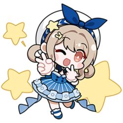 1girl artist_request back_bow bare_shoulders beads beret black_bow black_bowtie blonde_hair blue_bow blue_dress blue_wrist_cuffs blush_stickers bow bowtie bright_pupils brooch brown_eyes bubbly_voyage_(infinity_nikki) chibi dress eyelashes eyes_visible_through_hair frilled_dress frilled_wrist_cuffs frills hair_intakes hair_ornament hair_rings hairclip hand_on_own_chin happy hat hat_bow hat_ornament infinity_nikki jewelry looking_at_viewer lowres nikki_(series) official_art one_eye_closed open_mouth outstretched_hand rabbit_hair_ornament short_dress short_hair smile solo star_(symbol) star_hat_ornament strapless strapless_dress striped_clothes striped_dress swept_bangs tareme transparent_background v vertical-striped_clothes vertical-striped_dress white_hat white_pupils wrist_cuffs