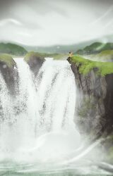 1other blurry cliff depth_of_field hood hood_down lake landscape lens_flare mountainous_horizon original outdoors painterly raincoat scenery water waterfall yellow_raincoat zandra