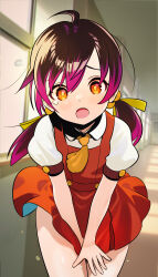 1girl ahoge akai_kuro black_hair blush crotch_grab door dress flat_chest hair_ribbon hallway have_to_pee kaai_yuki loli long_hair looking_at_viewer low_twintails necktie open_mouth orange_necktie peeing peeing_self puffy_sleeves red_dress red_eyes ribbon school_uniform shirt short_sleeves sleeveless sleeveless_dress standing sweat tears twintails vocaloid white_shirt window yellow_ribbon
