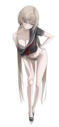 1girl absurdres bare_legs bent_over black_sailor_collar black_serafuku black_shirt black_shoes blonde_hair blush bra breasts cleavage crop_top cropped_shirt dot_nose full_body hair_between_eyes hair_ornament hairclip high_heels highres laneigu large_breasts long_hair looking_at_viewer low_twintails mole mole_under_eye narrowed_eyes open_clothes original parted_bangs sailor_collar school_uniform serafuku shirt shoes short_sleeves simple_background solo twintails underwear very_long_hair white_background yellow_eyes yuzu_(laneigu)