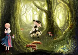 Rule 34 | 2girls, alice margatroid, ankle boots, bad id, bad pixiv id, black socks, blonde hair, blue dress, blue eyes, blurry, book, hugging book, boots, capelet, depth of field, dress, forest, forest of magic, frills, frown, hairband, hat, hat ribbon, highres, holding, holding book, kirisame marisa, kneehighs, long hair, looking back, looking down, moss, multiple girls, mushroom, nature, hugging object, puffy short sleeves, puffy sleeves, puppet strings, puririn, ribbon, sash, shanghai doll, short hair, short sleeves, skirt, skirt set, socks, sunlight, touhou, wind, witch hat, yellow eyes