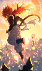 backlighting blue_eyes blue_sash brown_fur building city cityscape cloud cloudy_sky dragon_ball dragon_ball_gt fusion fusion_dance gogeta gradient_sky highres horizon landscape lens_flare long_hair mattari_illust metamoran_vest monkey_boy monkey_tail morning outdoors red_hair sample_watermark sash scenery sky spiked_hair sun sunlight sunrise super_saiyan super_saiyan_4 tail watermark