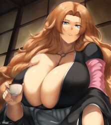 1girl absurdres artist_name bare_shoulders bleach blue_eyes breasts chain chain_necklace choko_(cup) cleavage cup female_focus highres holding holding_cup indoors japanese_clothes jewelry large_breasts looking_at_viewer matsumoto_rangiku mole mole_under_mouth necklace orange_hair pink_shawl shawl shihakusho shiny_skin tempurachronos