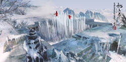 1boy 1girl bare_tree black_hair blue_sky check_copyright chinese_clothes chinese_commentary chinese_text commentary_request copyright_request day erzhi fence floating from_behind hair_bun half_updo hanfu highres ice ice_crystal long_hair long_sleeves mountain mountainous_horizon original outdoors outstretched_arm red_hanfu scenery short_hair single_hair_bun sky stairs stone_lantern translation_request tree wide_shot winter