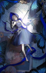 1girl absurdres black_dress black_hat black_shoes blue_eyes bonnet bug butterfly dadapangbbf dress folded_fan folding_fan from_above full_body gears gloves grey_gloves grey_hair hand_fan hand_up hat high_heels highres holding holding_fan insect long_hair looking_at_viewer lying medium_dress ms._grace_(reverse:1999) on_back parted_lips photo_(object) pocket_watch reverse:1999 sewing_pin shoes sleeveless sleeveless_dress solo sonetto_(reverse:1999) vertin_(reverse:1999) watch