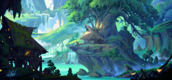 Rule 34 | chinnkun, cliff, fantasy, fog, giant tree, house, landscape, moss, mountain, nature, no humans, original, painterly, rock, signature, tree, tribal, water, waterfall, watermark