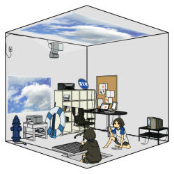 1girl akg barefoot black_hair chair clone cloud computer computer_keyboard diving_mask female_focus fire_hydrant flippers game_console goggles headphones innertube laptop oil-paper_umbrella original playstation_2 printer projector raglan_sleeves ruri_(uewtsol) short_hair sky solo swim_ring television trash_can uewtsol umbrella