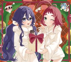 1boy 2girls ahoge aijou_rentarou antenna_hair awahuji_miyuki bell blowing_kiss blue_eyes blue_hair blush border box cellphone chibi chibi_inset christmas christmas_wreath clenched_teeth dark_blue_hair gift gift_box green_eyes hair_bell hair_between_eyes hair_ornament hand_up hat heart highres holding holding_box holding_phone hood hoodie huge_ahoge kimi_no_koto_ga_dai_dai_dai_dai_daisuki_na_100-nin_no_kanojo long_hair looking_at_viewer multiple_girls o3o one_eye_closed open_mouth phone plaid_background red_background red_border red_hair ring_hair_ornament santa_hat short_hair smile sweater teeth twintails white_hoodie white_sweater wreath yakuzen_kusuri yoshimoto_shizuka