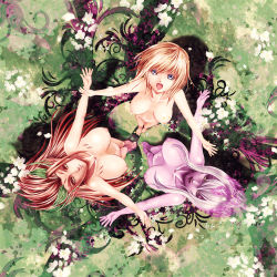 1990s_(style) 3girls barefoot blonde_hair blue_eyes breasts circle_formation collarbone colored_skin day evelynn_(league_of_legends) feet female_focus fiery_hair flower from_above highres large_breasts league_of_legends lips long_hair looking_at_viewer looking_up lux_(league_of_legends) medium_breasts medium_hair multicolored_hair multiple_girls navel nipples nose nude outdoors outstretched_arms pink_skin plant red_hair shade sidelocks slit_pupils smile spread_arms standing teeth white_hair wing_r yellow_eyes zyra