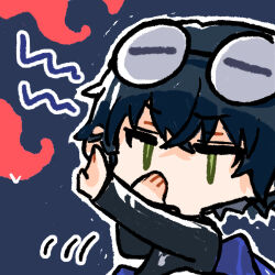 1boy black_hair chibi chibi_only chinese_commentary covering_own_mouth cui_pi_zha_xia_qiu girls&#039;_frontline girls&#039;_frontline_neural_cloud goggles goggles_on_head green_eyes hand_over_own_mouth hand_up no_(gesture) official_art second-party_source solo sueyoi_(neural_cloud) tentacles
