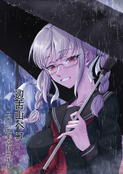 1girl black_sailor_collar braid breasts commentary_request danganronpa_(series) danganronpa_2:_goodbye_despair eyelashes glasses grey_hair hair_ribbon highres holding holding_umbrella kikyouta long_hair long_sleeves looking_at_viewer neckerchief pekoyama_peko rain red_eyes red_neckerchief ribbon sailor_collar school_uniform serafuku smile solo teeth translation_request twin_braids twintails umbrella upper_body white_ribbon