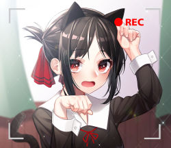 1girl animal_ears arm_up black_dress black_hair black_hairband blurry blurry_background blush cat_ears cat_girl cat_tail collared_shirt curtains depth_of_field dress fake_animal_ears female_focus fingernails folded_ponytail hair_ribbon hairband highres indoors jewelry kaguya-sama_wa_kokurasetai_~tensai-tachi_no_renai_zunousen~ kemonomimi_mode long_sleeves looking_at_viewer neck_ring open_mouth parted_bangs paw_pose recording red_eyes red_ribbon ribbon school_uniform shinomiya_kaguya shirt shuuchiin_academy_school_uniform sidelocks solo tail tail_raised the_cold upper_body viewfinder