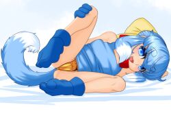 1girl :3 ass bikini bikini_under_clothes blue_dress blue_gloves blue_hair blue_shoes cameltoe clothes_lift collar dog_girl dog_tail dress dress_lift fang gloves gold_bikini inu-t jhn_myg leg_lift legs loli long_hair lying nt-tan on_side open_mouth os-tan paw_shoes ponytail ribbon shoes sleeveless sleeveless_dress smile solo spread_legs swimsuit tail thighs yellow_ribbon