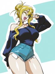 1girl blonde_hair breasts fate/grand_order fate_(series) green_eyes large_breasts long_hair long_sleeves looking_at_viewer one_eye_closed open_mouth quetzalcoatl_(fate) short_shorts shorts smile solo thighs zantyarz