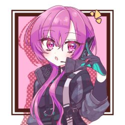 1girl 525moritika422 black_jacket blush gloves heaven_burns_red highres jacket long_hair matsuoka_chiroru microphone pink_hair red_eyes shorts solo