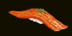 Rule 34 | black background, fish (food), food, food focus, garnish, hisachan55cute, nigirizushi, original, pixel art, rice, salmon, simple background, still life, sushi