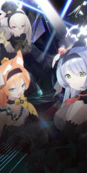 3girls absurdres animal_ear_fluff bare_shoulders black_dress black_gloves black_hairband black_hat blue_archive blue_eyes blue_hair breasts closed_mouth dress elbow_gloves gloves green_eyes hairband hat hayate_(1034853996) highres long_hair looking_at_viewer mari_(blue_archive) mari_(idol)_(blue_archive) mine_(blue_archive) mine_(idol)_(blue_archive) mini_hat multiple_girls open_mouth orange_eyes purple_eyes sakurako_(blue_archive) sakurako_(idol)_(blue_archive) sleeveless sleeveless_dress white_hair