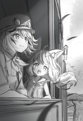 2girls :3 absurdres animal_ear_fluff animal_ears blurry bow cat_ears closed_mouth commentary depth_of_field dooby_(vtuber) dress english_commentary hair_bow hat highres indie_virtual_youtuber kay_yu looking_at_viewer low_twintails monochrome multicolored_hair multiple_girls open_mouth sailor_collar sameko_saba short_hair sketch smile streaked_hair thick_eyebrows tongue twintails virtual_youtuber