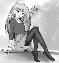 Rule 34 | 1girl, :d, absurdres, ahoge, arm support, blush, bracelet, bright pupils, buttons, cabronpr, commentary, double-parted bangs, english commentary, full body, greyscale, hair behind ear, hair between eyes, hand on own knee, hatching (texture), heart, high-waist skirt, highres, jewelry, knees together feet apart, knees up, legs, long hair, looking at viewer, mari (faraway) (omori), mari (omori), monochrome, no shoes, omori, open mouth, outdoors, raised eyebrow, round teeth, shirt, sitting, skirt, smile, solo, teeth, thighhighs, three-quarter sleeves, toes, tongue, upper teeth only