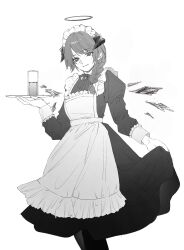 Rule 34 | 1girl, absurdres, alternate costume, alternate hairstyle, apron, arknights, arknights yuu12, braid, commentary, cup, demon horns, dress, drinking glass, energy wings, enmaided, feet out of frame, frilled apron, frilled headwear, frills, greyscale, halo, hand up, highball glass, highres, holding, holding tray, horns, juliet sleeves, light smile, long dress, long sleeves, looking at viewer, maid, maid apron, maid day, maid headdress, medium hair, monochrome, mostima (arknights), neck ribbon, puffy sleeves, ribbon, sidelocks, simple background, single braid, sketch, skirt hold, sleeve cuffs, solo, standing, traditional halo, tray, white background