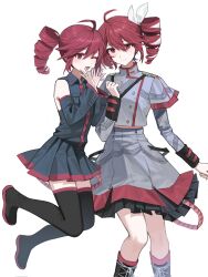 2girls ahoge arm_at_side belt black_belt black_bow black_skirt black_sleeve_cuffs black_sleeves black_thighhighs blush boots bow breast_pocket buttons clenched_hand closed_mouth collared_shirt detached_sleeves double-breasted drill_hair dual_persona feet_out_of_frame flat_chest floating_hair full_body grey_jacket grey_skirt hair_between_eyes hair_bow hair_ribbon hand_up hands_up hashtag-only_commentary highres jacket jumping kasane_teto kasane_teto_(sv) kasane_teto_(utau) kneehighs lace-up_boots layered_skirt layered_sleeves long_sleeves looking_at_viewer madoka066 midriff_peek multiple_girls musical_staff musical_staff_print one_eye_closed open_mouth pleated_skirt pocket red_belt red_eyes red_hair red_skirt red_socks red_trim ribbon shirt shoulder_belt shoulder_boards skirt skirt_set sleeveless sleeveless_shirt smile socks standing striped_clothes striped_jacket striped_skirt synthesizer_v thigh_boots thighhighs twin_drills utau white_background white_bow white_ribbon wing_collar zettai_ryouiki