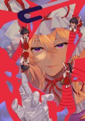 Rule 34 | 2girls, all fours, blonde hair, bow, broom, brown hair, choker, closed mouth, cup, dress, glass shards, gloves, hair between eyes, hair tubes, hakurei reimu, hat, highres, holding, holding broom, holding cup, light smile, long hair, looking at viewer, mini person, mob cap, multiple girls, onionmay, ponytail, purple dress, purple eyes, red background, red bow, red shirt, red skirt, ribbon choker, shards, shirt, skirt, socks, touhou, umbrella, unworn gloves, variations, white gloves, white socks, yakumo yukari