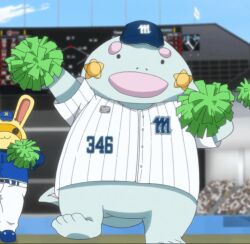 1boy anthropomorphic ballpark_de_tsukamaete! baseball_uniform chiba_motorsuns crowd giantsalamander highres mascot number_346 salamander smile solo sportswear stadium sun-shiro_(ballpark_de_tsukamaete!)