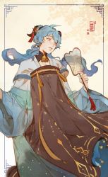 1girl 2021 artist_name bell blue_hair cowbell dated dress expressionless fan ganyu_(genshin_impact) genshin_impact goat_horns highres horns long_hair pale_skin parted_lips pink_eyes ponytail twitter_username velinxi watermark