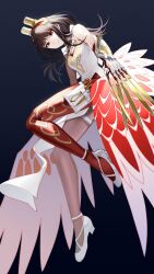 1girl bare_shoulders bird_girl black_hair claws fire_emblem fire_emblem_heroes gloves glowing glowing_wings highres hraesvelgr_(fire_emblem) ikura_(downdexp) leggings long_hair nintendo red_eyes red_gloves red_leggings red_wings white_footwear wings