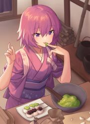 1girl bad_link blurry blush bowl chorefuji commentary_request cutting_board eating food_request hands_up highres indoors japanese_clothes kimono licking medium_hair original plate pouch purple_eyes purple_hair purple_kimono purple_sash sash short_sleeves skewer slice_of_life smile solo tongue tongue_out