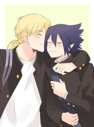 Rule 34 | 2boys, absurdres, affectionate, amajiki tamaki, bag, black hair, black jacket, blonde hair, blush, boku no hero academia, border, buttoned cuffs, buttons, closed eyes, closed mouth, collarbone, collared jacket, commentary, crew neck, gakuran, hair behind ear, hair between eyes, highres, jacket, kiss, kissing cheek, layered sleeves, long sleeves, male focus, multiple boys, nano (marronmousse), open clothes, open jacket, outside border, pointy ears, ponytail, popped collar, school uniform, shirt, short ponytail, shoulder bag, smile, symbol-only commentary, t-shirt, togata mirio, upper body, white border, white shirt, yaoi