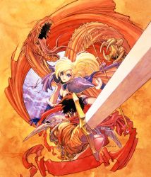 1boy 1girl ares_(brandish) armor blonde_hair blue_eyes brandish brown_hair cape dela_delon dragon elbow_gloves fantasy gloves highres holding holding_staff holding_sword holding_weapon knight long_hair monster orb pauldrons pointing_melee_weapon pointing_sword purple_cape purple_gloves retro_artstyle sharp_teeth short_hair shoulder_armor staff sword teeth warrior wavy_hair weapon yuuki_nobuteru