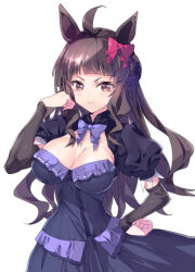1girl ahoge animal_ears black_sleeves blue_bow blue_bowtie blue_dress blunt_bangs bow bowtie breasts brown_eyes brown_hair cleavage_cutout closed_mouth clothing_cutout commentary cowboy_shot detached_sleeves dress dynam_heroine_(umamusume) ear_bow hand_in_own_hair hand_on_own_hip horse_ears horse_girl horse_tail kuro_work large_breasts long_hair looking_at_viewer puffy_short_sleeves puffy_sleeves red_bow short_sleeves simple_background smirk solo standing tail umamusume umamusume:_cinderella_gray white_background