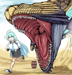 &gt;_&lt; 1girl absurdres ahoge bandaid bandaid_on_leg barrel black_gloves blue_archive blue_hair blue_necktie breasts chasing collared_shirt crossover desert fleeing giant giant_monster gloves hair_between_eyes highres large_breasts monster monster_hunter_(series) necktie nervous nibelsnarf nubebenbe open_mouth outdoors pleated_skirt sand scales school_uniform sharp_teeth shirt skirt sky teeth yume_(blue_archive)