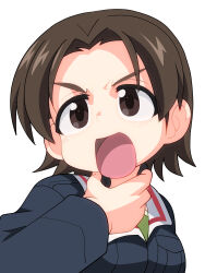 Rule 34 | 1girl, blue jacket, brown eyes, brown hair, commentary, deformed, frown, girls und panzer, green undershirt, hand on own neck, highres, jacket, long sleeves, military uniform, ooarai military uniform, open mouth, parted bangs, portrait, sawa azusa, short hair, simple background, solo, throat microphone, undershirt, white background, ximu shilang