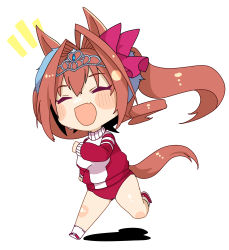 1girl absurdres aged_down animal_ears ankle_socks blush_stickers bow buruma child closed_eyes daiwa_scarlet_(umamusume) fang hair_bow hair_intakes highres horse_ears horse_girl horse_tail jacket long_hair long_sleeves open_mouth red_bow red_buruma red_jacket red_shoes running shoes simple_background skin_fang sneakers socks solo tail tiara track_jacket twintails umamusume white_background white_socks yunekoko