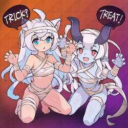 2girls ahoge animal_ears arum_(world_flipper) bandaged_arm bandages barefoot blue_eyes blue_skin blush cat_ears cat_tail claw_pose colored_skin couette_(world_flipper) eyelashes fang flat_chest gradient_background grey_hair highres horns long_hair multiple_girls mummy_costume mwm5 open_mouth red_eyes speech_bubble squatting tail trick_or_treat world_flipper