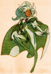 1girl bengus bodysuit breasts cape clenched_hand dark-skinned_female dark_skin earrings game_cg highres jewelry lightning_bolt_earrings lightning_bolt_symbol marvel marvel_vs._capcom marvel_vs._capcom_2 non-web_source outstretched_arm scan solo storm_(x-men) very_dark_skin white_bodysuit white_eyes white_hair x-men