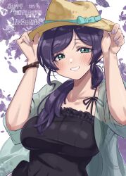 Rule 34 | 1girl, absurdres, artist name, black shirt, blush, bracelet, breasts, brown hat, character name, commentary request, dated, green eyes, happy birthday, hat, heart, highres, jewelry, large breasts, long hair, looking at viewer, love live!, love live! school idol project, low ponytail, nail polish, pomita, ponytail, purple petals, see-through clothes, shirt, signature, smile, solo, tojo nozomi, white background