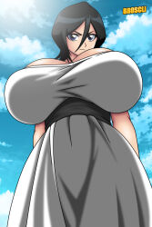1girl alternate_breast_size black_hair bleach blue_sky breasts broscli cloud female_focus kuchiki_rukia large_breasts medium_hair sky solo standing