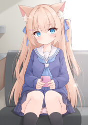 1girl animal_ear_fluff animal_ears black_socks blue_eyes blue_shirt brown_hair cat_ears cat_girl cellphone closed_mouth couch dot_nose flat_chest hair_between_eyes hair_ornament hairclip highres holding holding_phone indoors light_blush light_frown long_hair long_sleeves looking_at_viewer mochizuki_riku on_couch original panties phone pink_panties pleated_skirt sailor_collar school_uniform serafuku shirt sitting skirt sleeves_past_wrists smartphone socks solo underwear very_long_hair