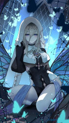 1girl absurdres ai_dongdong aponia_(honkai_impact) black_dress blonde_hair blue_butterfly blue_eyes breasts bug butterfly butterfly_wings closed_mouth dress fake_wings formal_clothes full_body hair_between_eyes highres honkai_(series) honkai_impact_3rd insect insect_wings large_breasts long_hair_between_eyes looking_at_viewer medium_hair missing_commentary mole mole_under_eye nun puffy_sleeves sitting solo suit three-quarter_sleeves veil white_veil wings